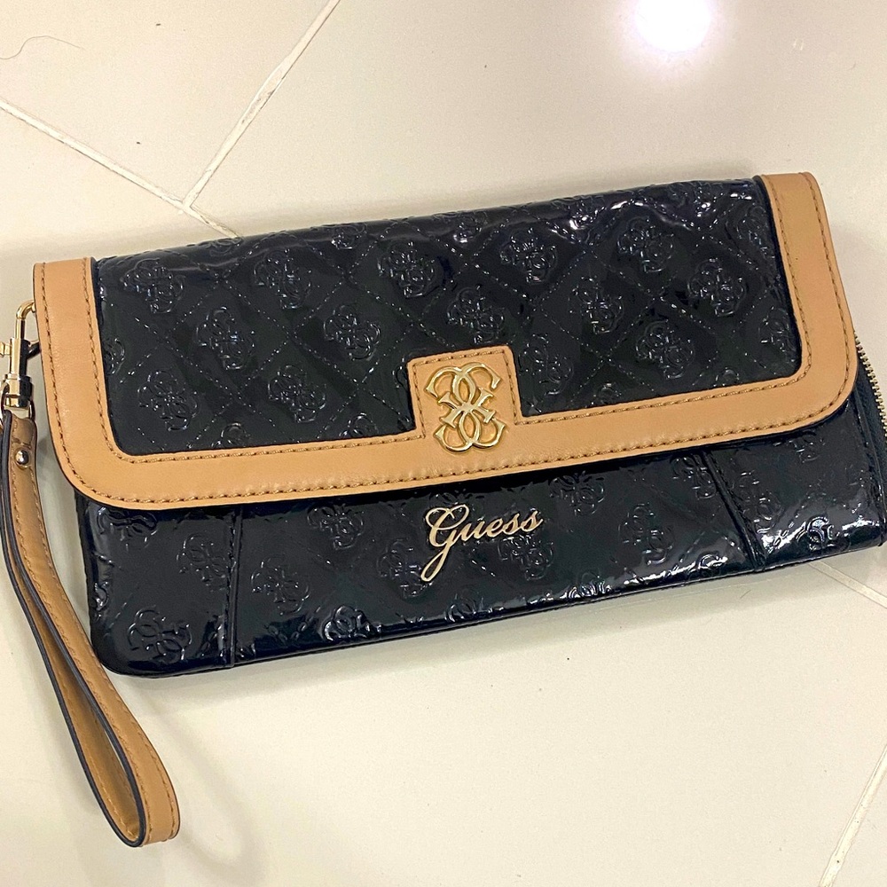 GUESS- Black and Tan Embossed Clutch